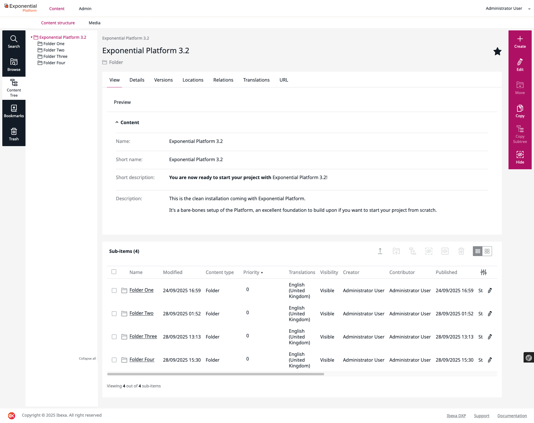Exponential Platform 3.2 : Admin Folder Content Structure Screenshot