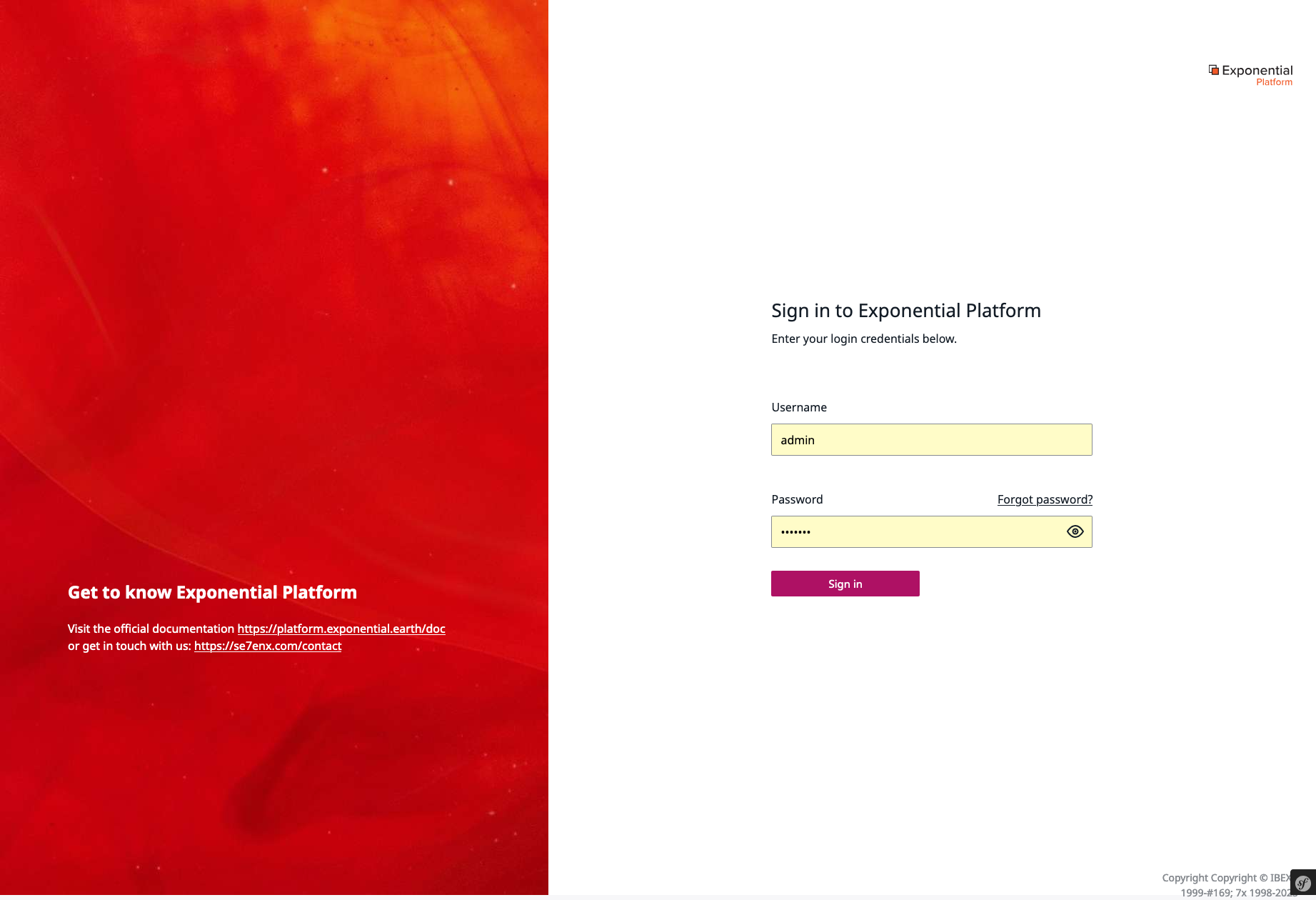 Exponential Platform 3.2 : Admin Site: Login Page Screenshot