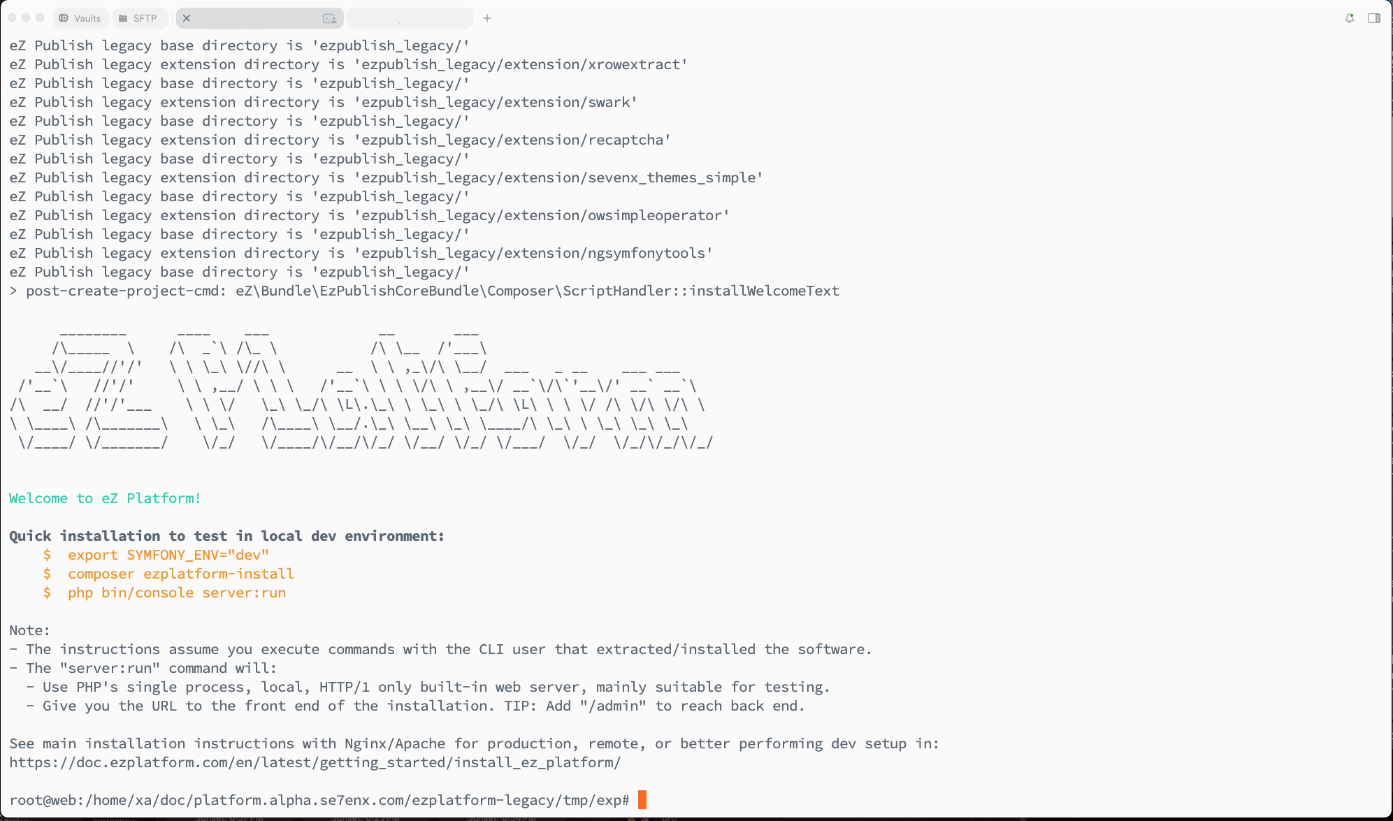 Exponential Platform Legacy 2.5.0.0 Installation Success via CLI Screenshot