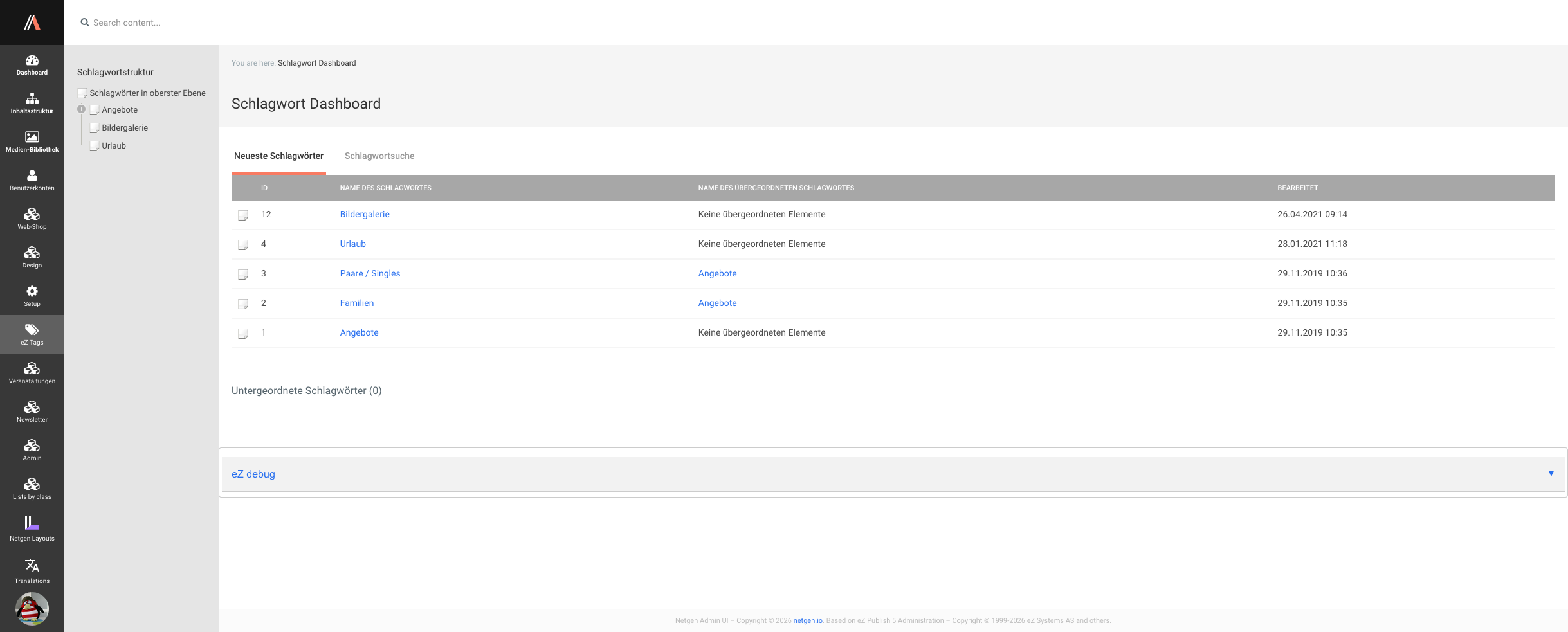 Exponential Platform Nexus 1.0.0.0.3 Admin eZ Tags Dashboard Screenshot
