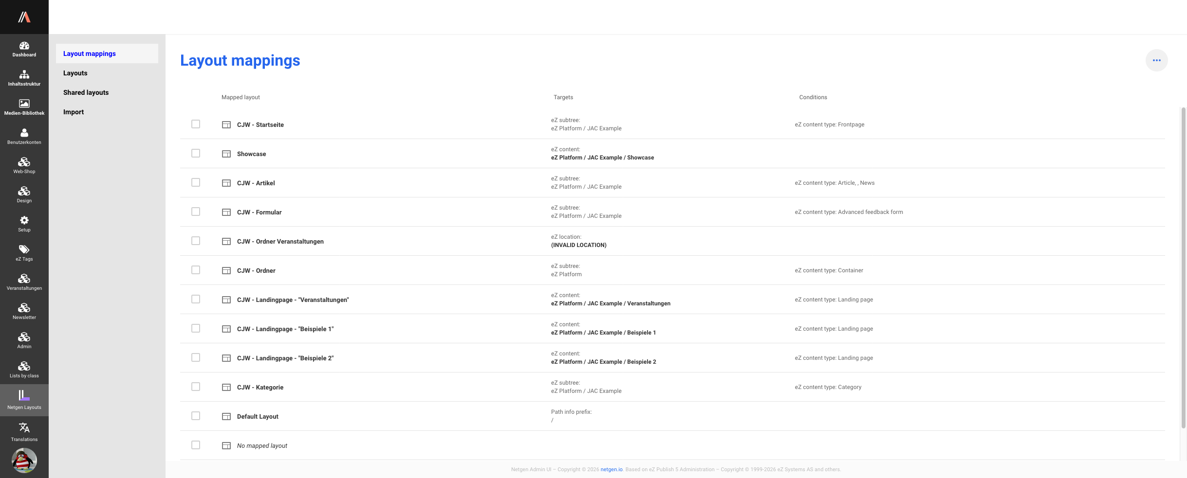 Exponential Platform Nexus 1.0.0.0.3 Admin Mappings - Netgen Layouts Dashboard Screenshot